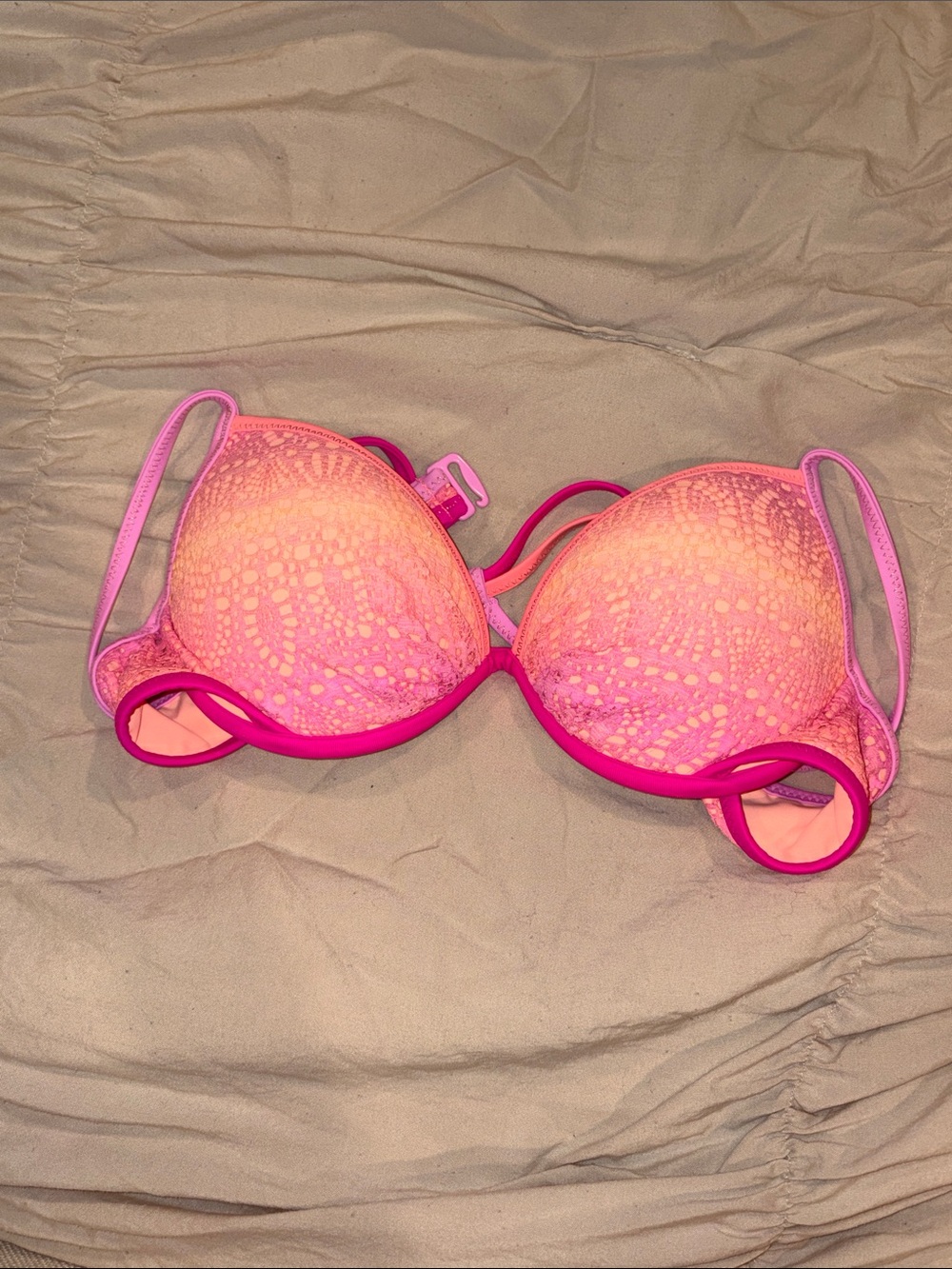 Women's Pink Lace Push-Up swim top- Bright Pink